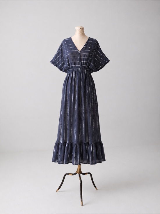 world market Dresses & Skirts - Cost Plus World Market Navy Maxi Dress with White Dot Stripes